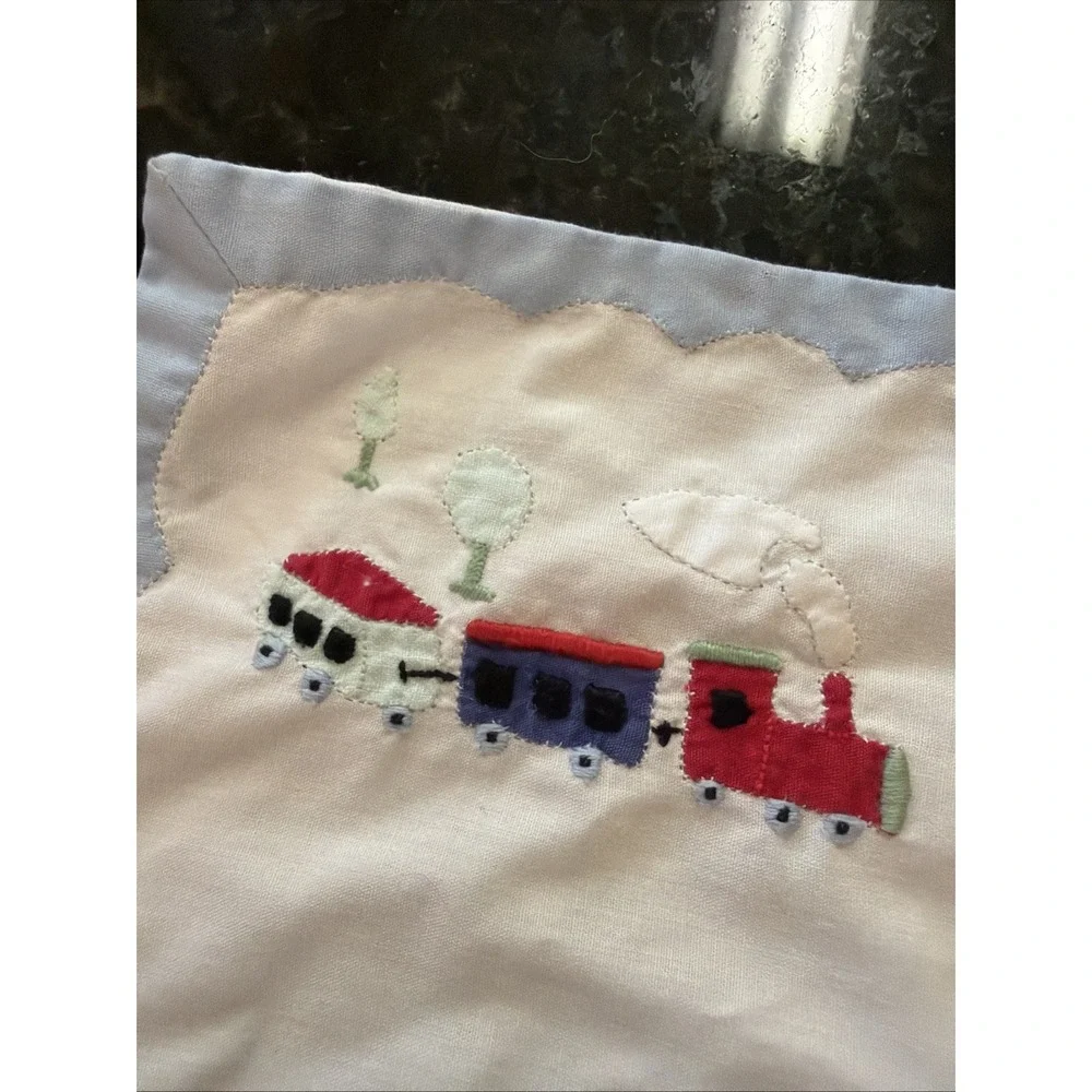 Vintage Boys Nursery Pillowcase Train Embroidery Baby Decoration Blue White